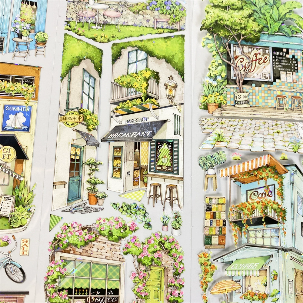 Charming Little Encounter PET Tape showcasing a cozy café street scene with detailed buildings, coffee signs, and greenery.