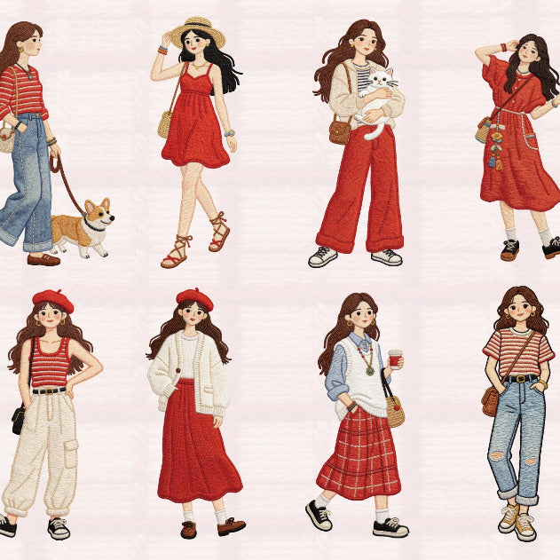 Retro character card sticker pack with textured girls, cameras, hats, beach scenes, and slow-life travel details