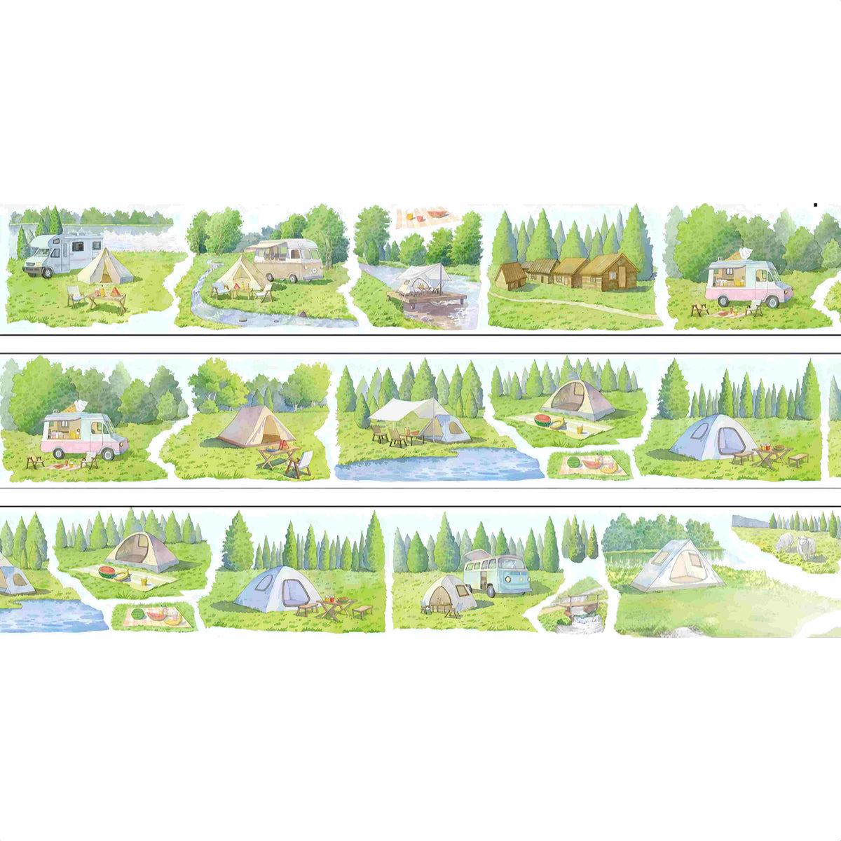Camping Trip PET Tape – campsite scene with camper vans and tents in a forest setting