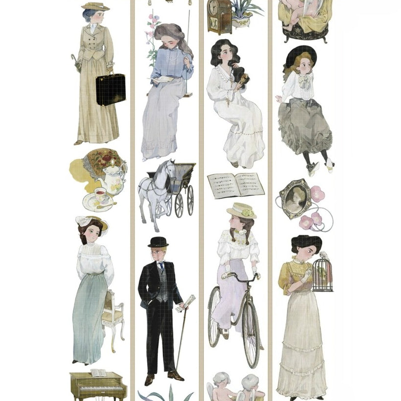 Shroomi PET Tape: Vintage Edwardian Era. Delicate watercolor illustrations of elegant women, man, carriage, bicycle, tea, piano, pets & cherubs.