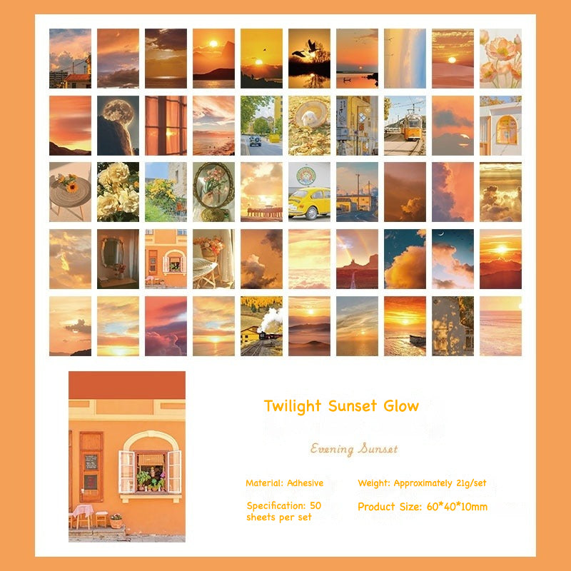 Sky and night photography sticker booklet – starry night, sunset glow, moon and purple cloud scenes