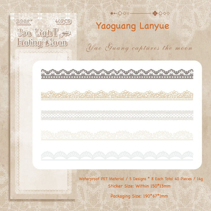 Delicate lace trim sticker strips in white, cream, purple and pink for journaling borders