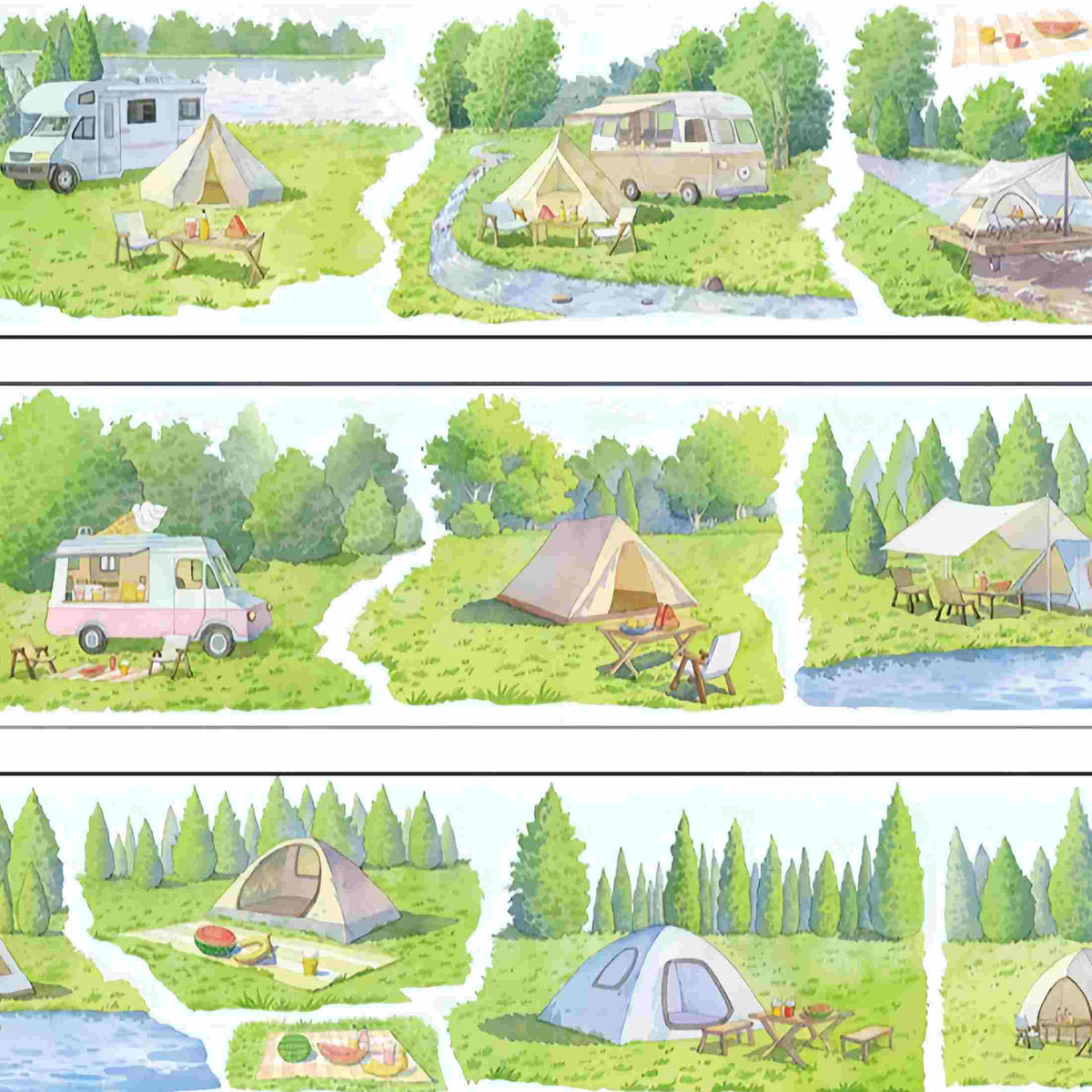 Camping Trip PET Tape – camper vans, tents, picnic tables, and campfires set among forests and a lake