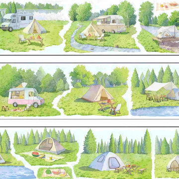 Camping Trip PET Tape – camper vans, tents, picnic tables, and campfires set among forests and a lake