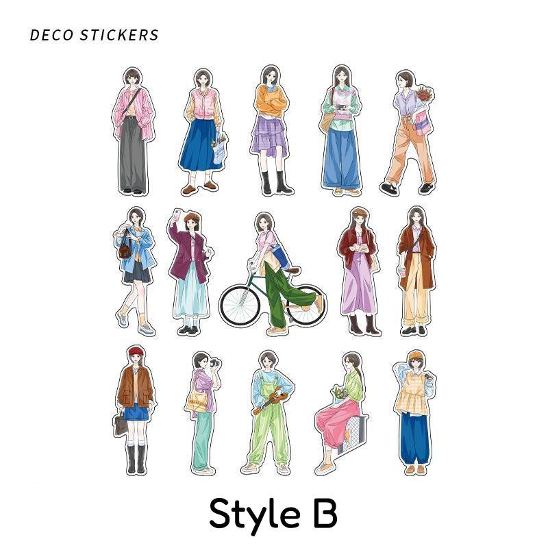 Style B Ideal Life PET sticker sheet with girl characters, bicycle, bags, and casual outfit poses
