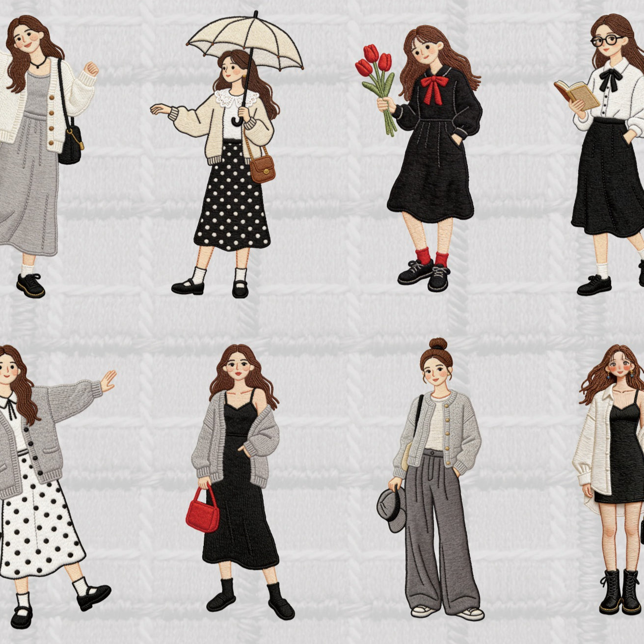 Retro character card sticker pack with textured girls, cameras, hats, beach scenes, and slow-life travel details