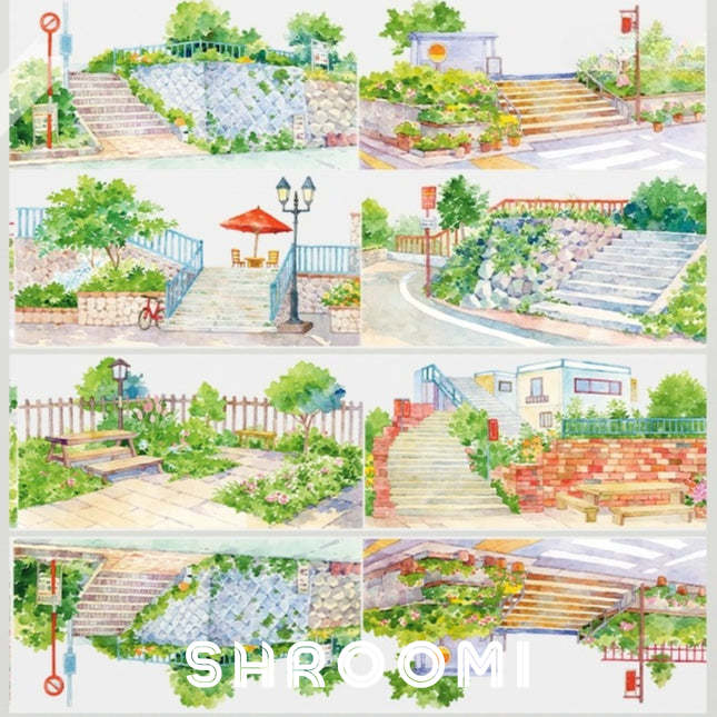 Sunny Path PET Tape Sunny Path PET Tape – Hand-Drawn Watercolor Street Scene for Journaling & Crafts