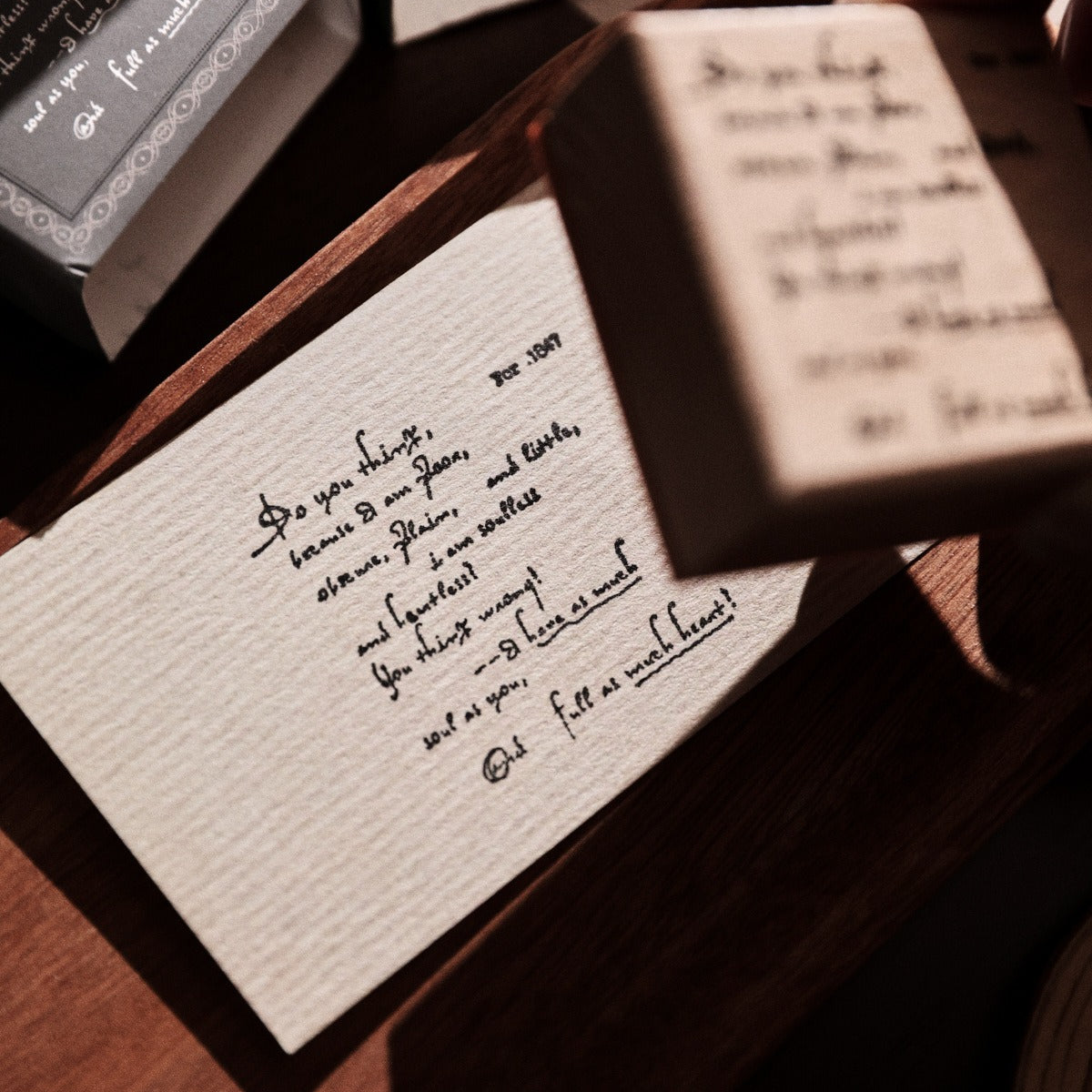 Vintage wooden stamp set with literary text designs