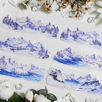 Snowy Mountain PET Tape – snow-capped mountain range with pine trees in a blue-purple watercolor style