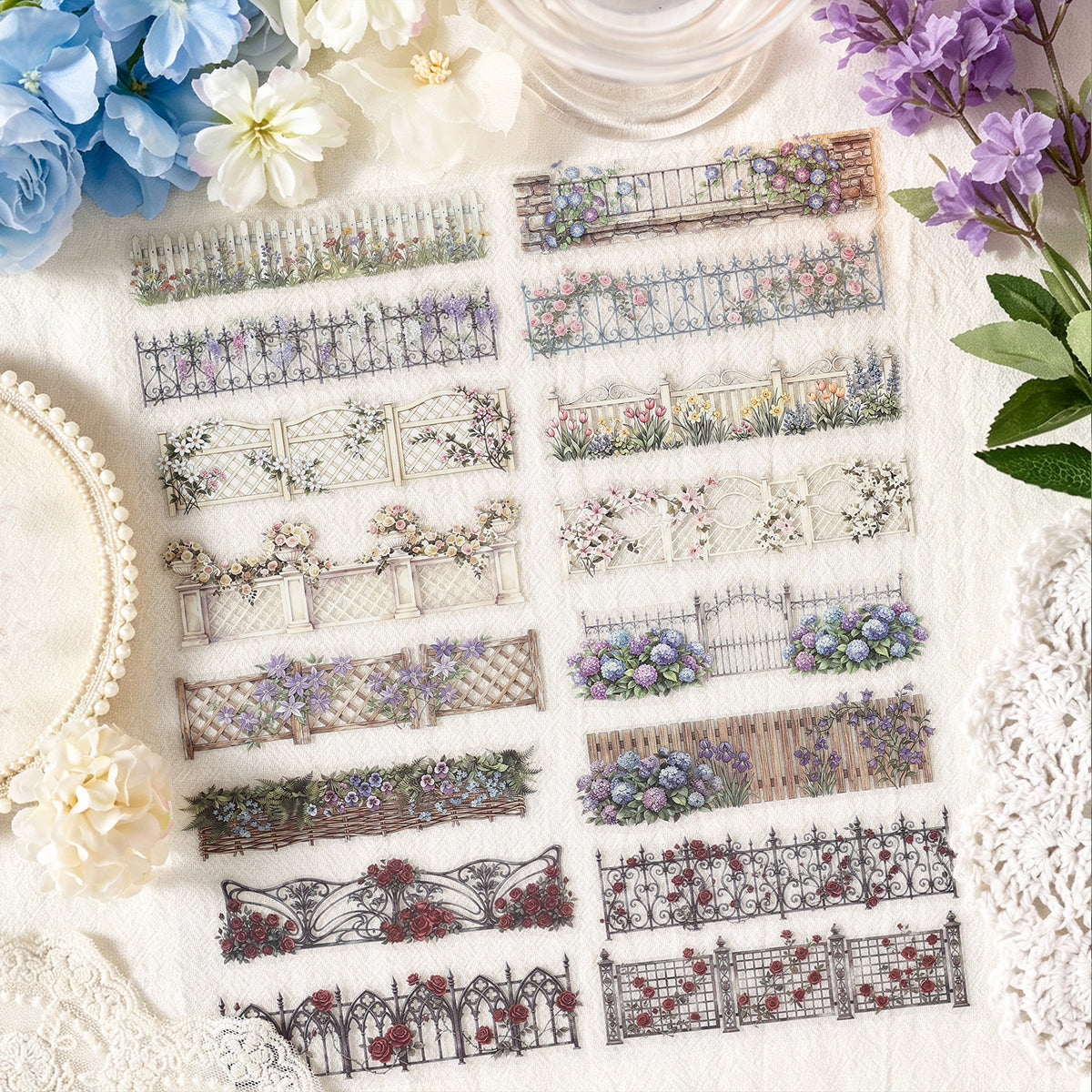 Border sticker sheet of decorative garden fences and gates covered in flowers