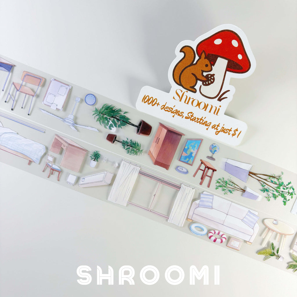 Modern Furniture 3 PET Tape: Shroomi sticker collection with beds, chairs, plants