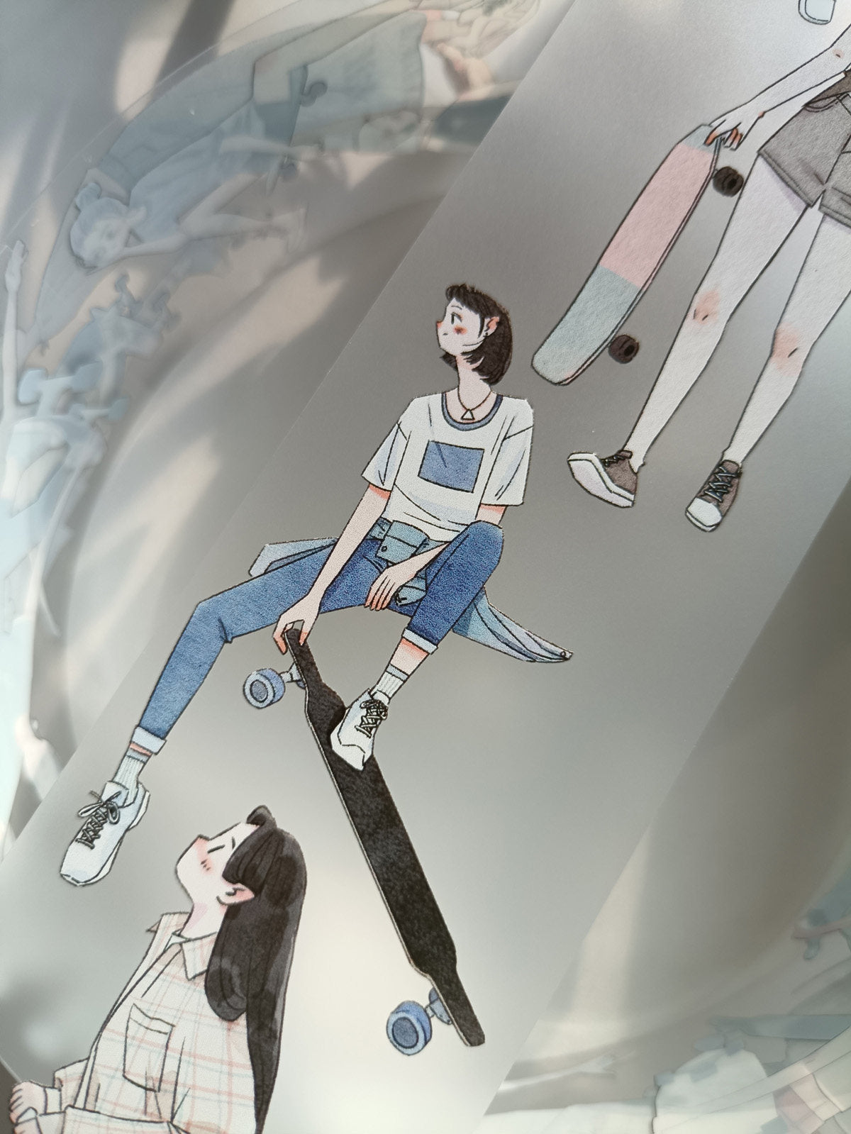 Illustrated girl crouching on a skateboard
