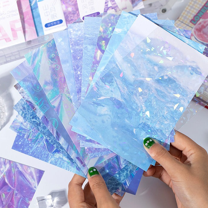 Holographic laser-effect sticker sheet with fragmented starry-sky pattern