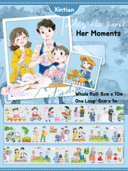 Charming XINTIAN People & Animals Tape showcasing whimsical illustrations of characters and cute critters in daily scenes.