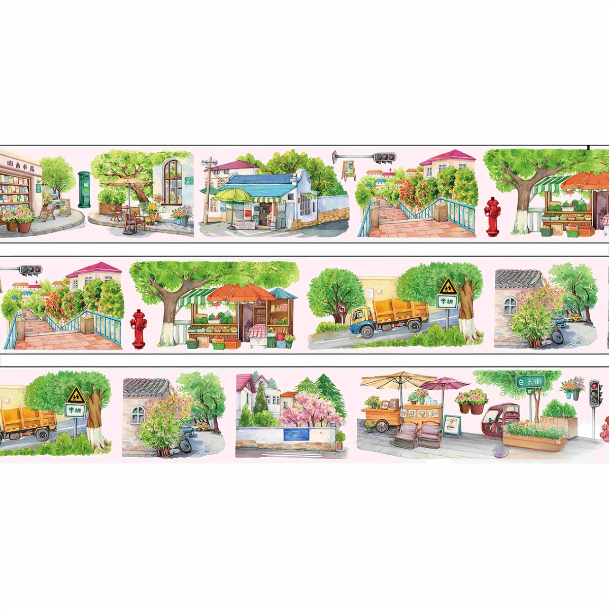 Street Corner PET Tape – small-town street corner design with shopfronts and greenery