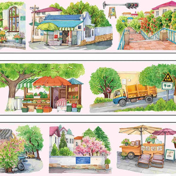 Street Corner PET Tape – a corner shop, fruit stand, delivery truck, cafe, and flowering stairway