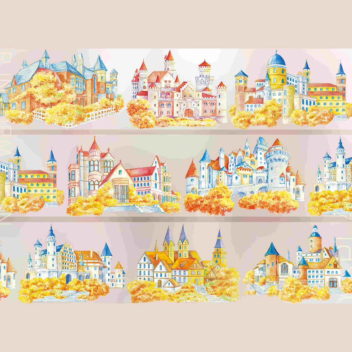 Design from the 10-piece Autumn Town & Garden Collection decorative tape, featuring an autumn townscape motif