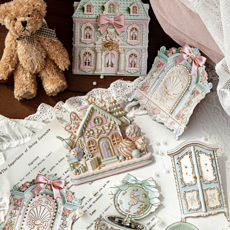 Pastel rococo embossed collage sticker cards with ornate furniture, mirrors, bows, and frame accents - image 10