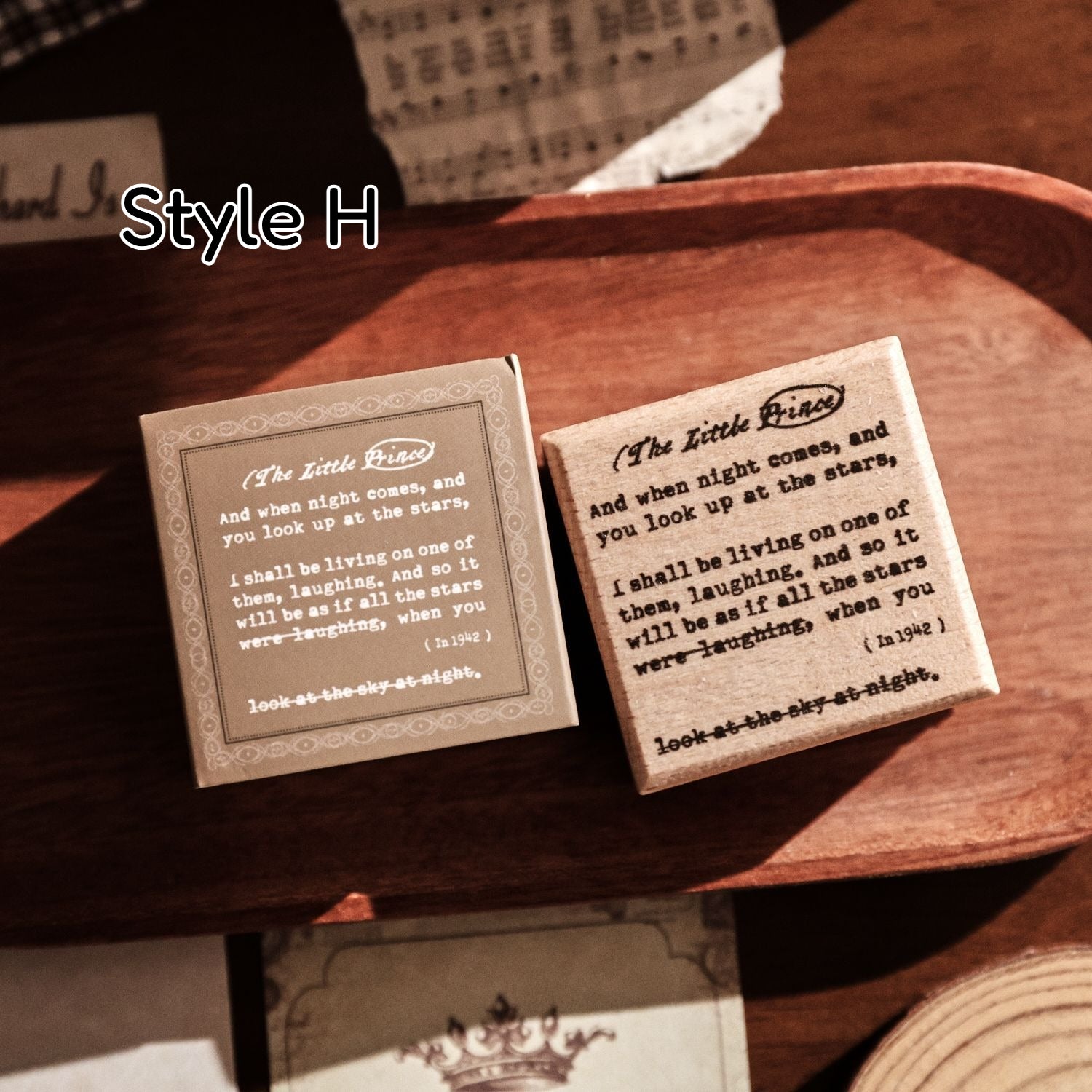 Vintage wooden stamp set with literary text designs