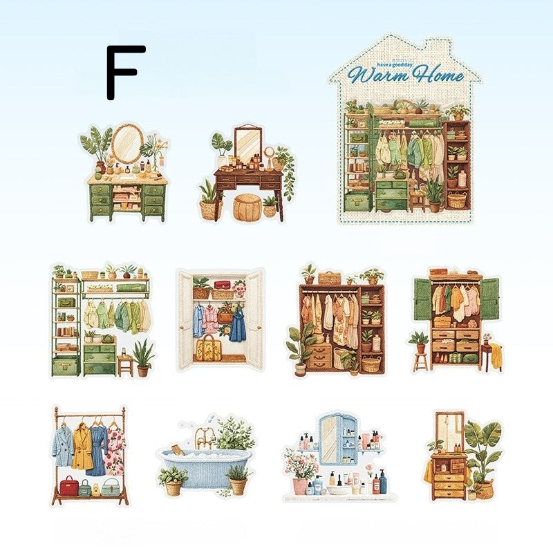 Style F cozy home sticker sheet with dresser, wardrobe, bathtub, shelves, and small room objects