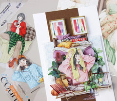 Journaling tape with cute anime girls in cozy indoor scenes and floral patterns | Shroomi