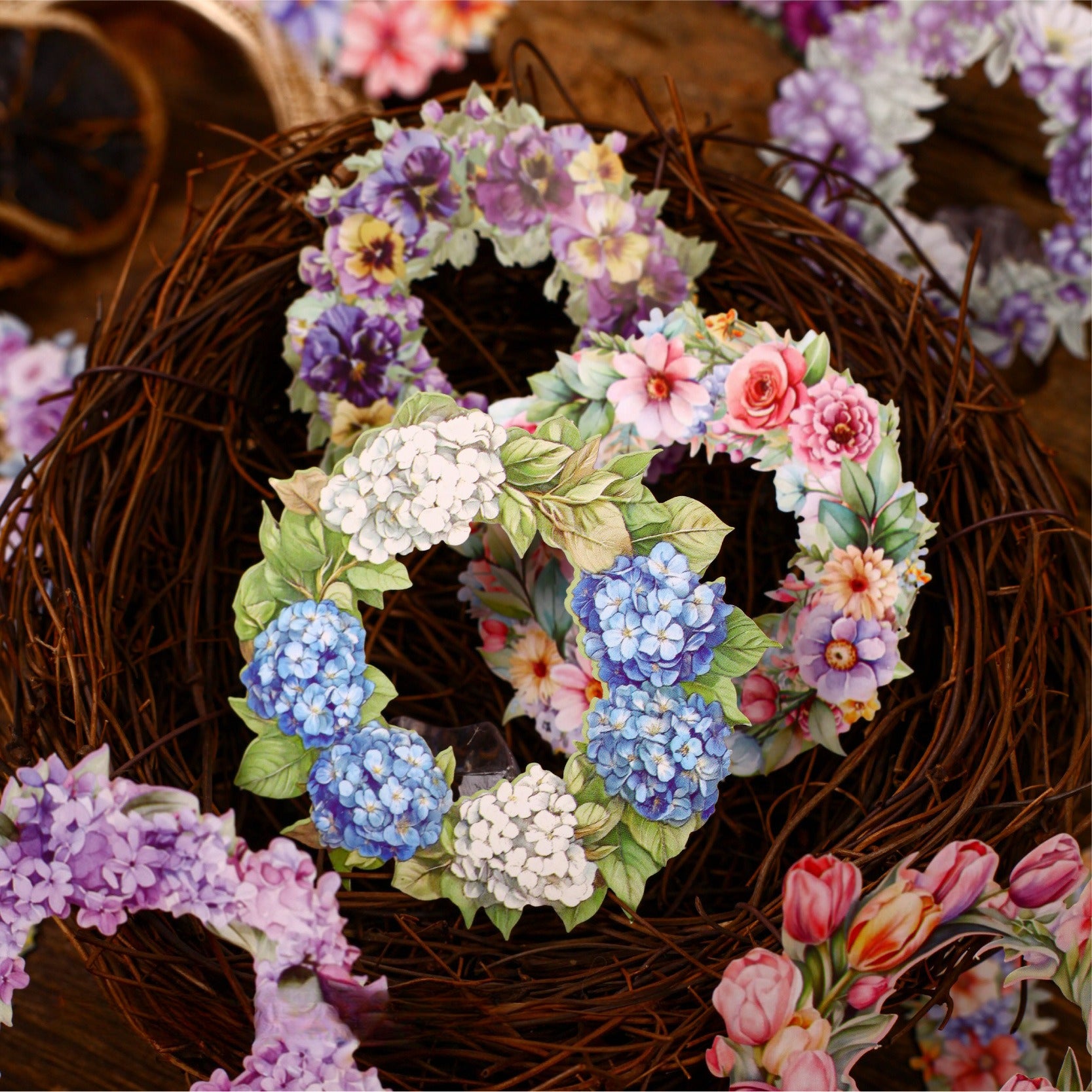 Vintage flower wreath sticker pack with hydrangea, rose, lavender, and botanical wreath pieces
