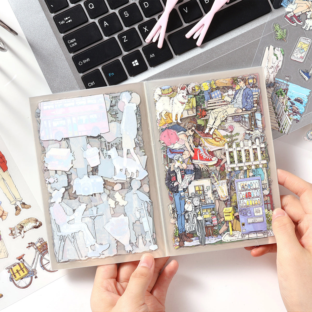 Stickers of a character sightseeing with a suitcase and world landmarks