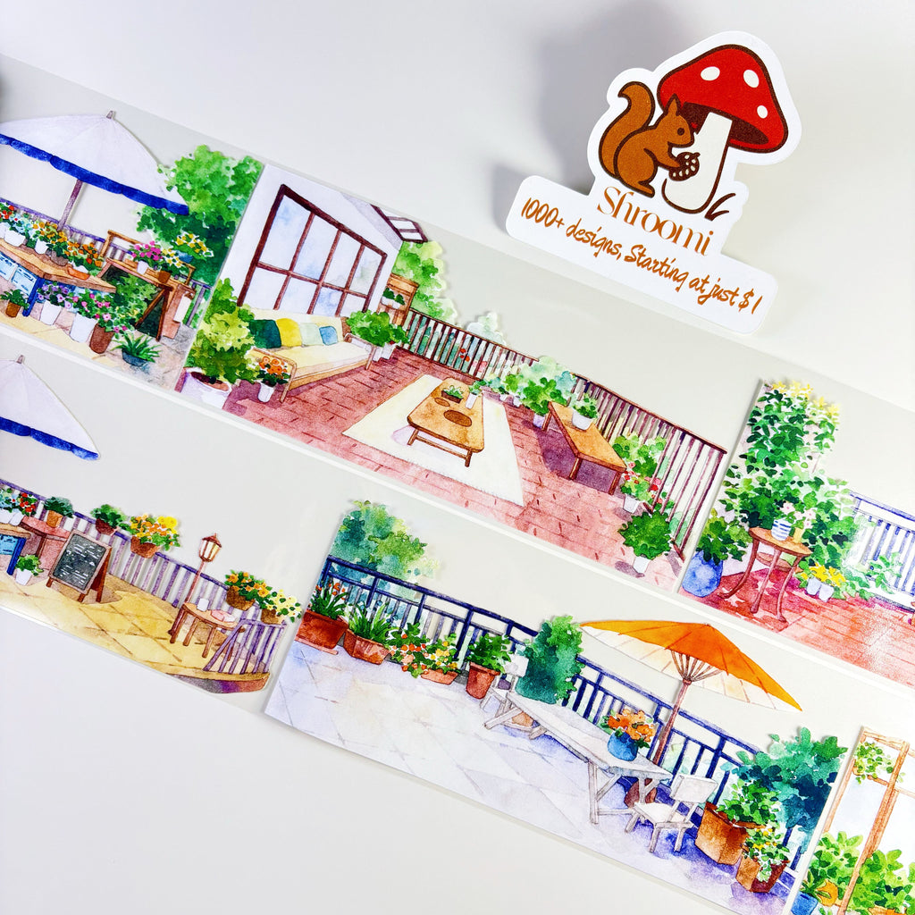 Rooftop Garden PET Tape Sunny Terrace Cafe PET Tape | Cozy Outdoor Garden Washi Tape | Balcony Life Decorative Tape
