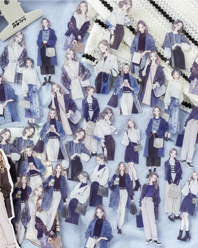 Cool-toned fashion journaling stickers featuring stylish women in diverse outfits for creative projects, by Shroomi.