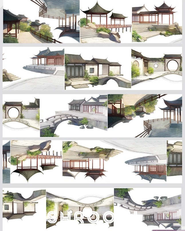 Classic Oriental Garden PET Tape Traditional Oriental Garden PET Tape | Ancient Architecture Washi Tape | Zen Courtyard Decorative Tape