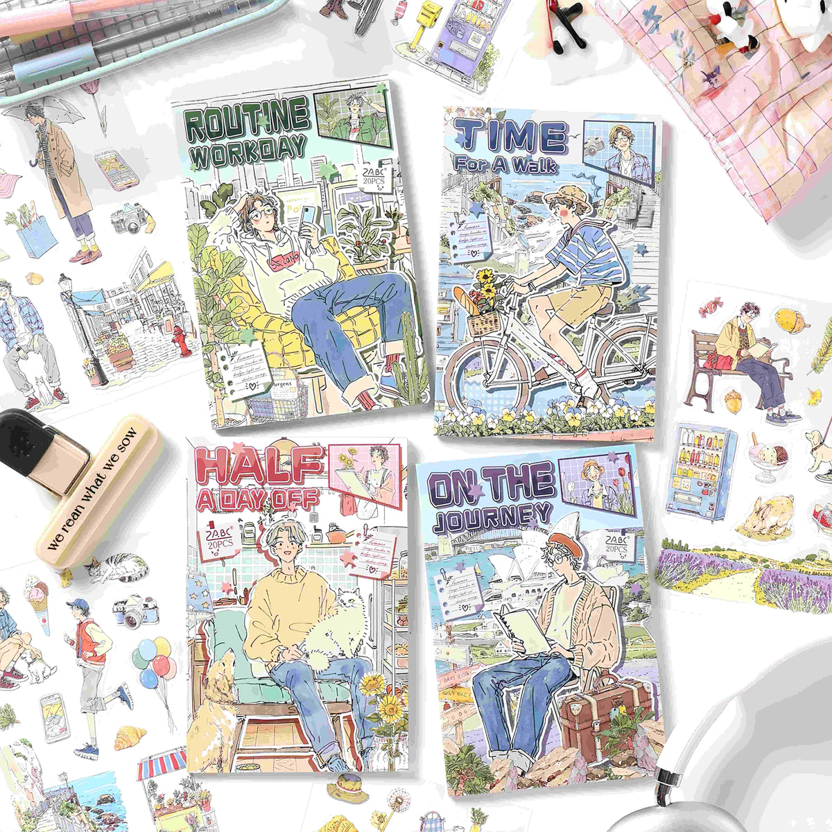 Travel-themed stickers of landmarks, luggage, and a traveling character