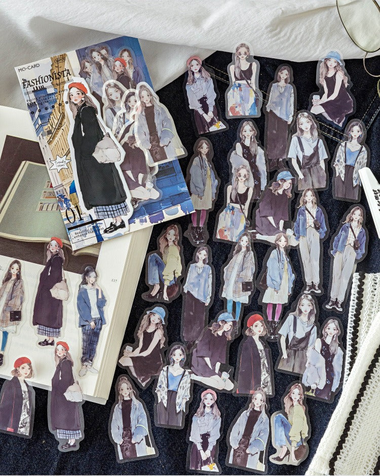 Stylish fashionista stickers for journaling, featuring various women in trendy outfits, from Shroomi.