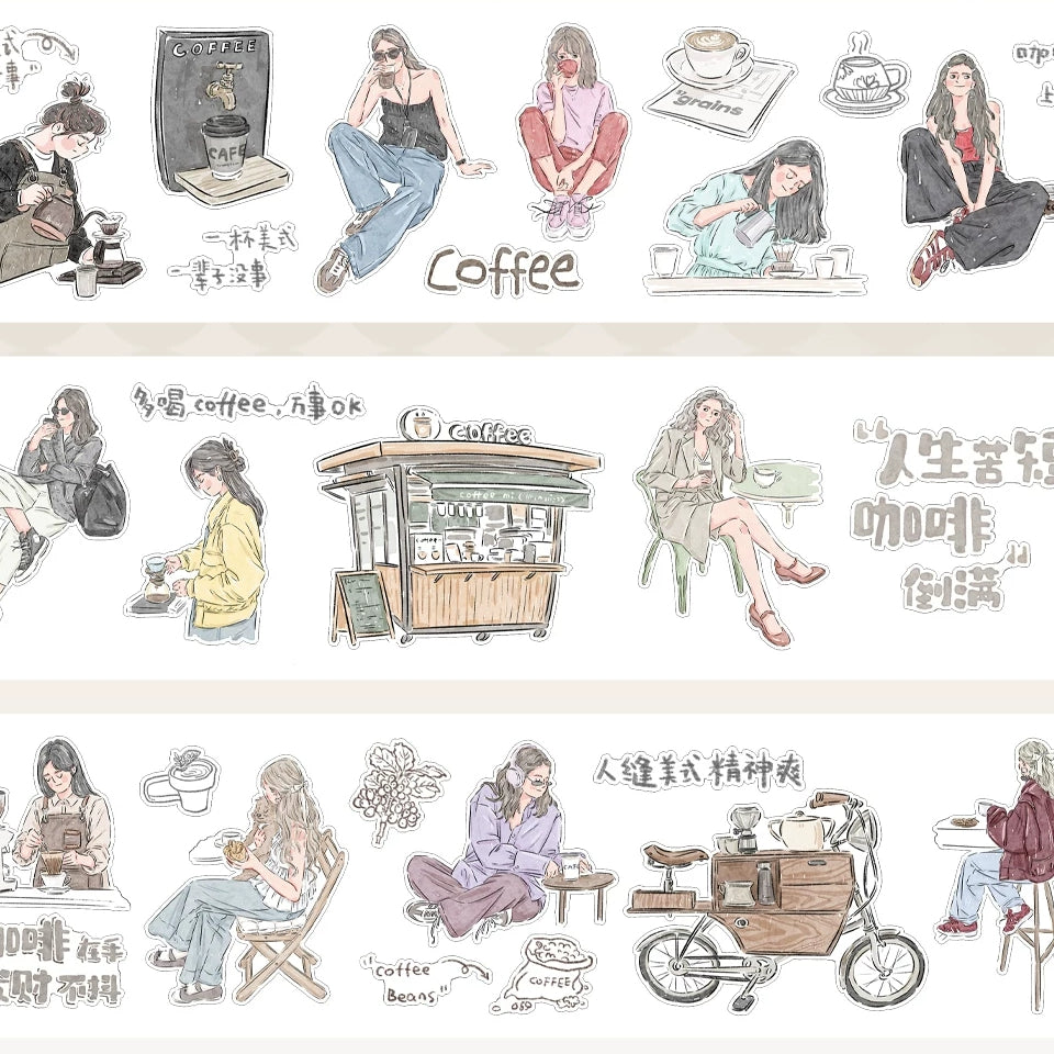 Coffee girl decorative tape layout with coffee shop scenes and hand-drawn notes