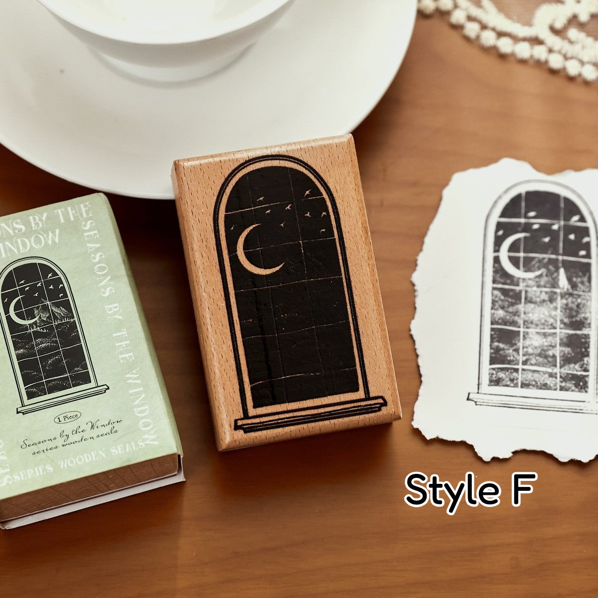 Wooden stamp set with seasonal window frame designs