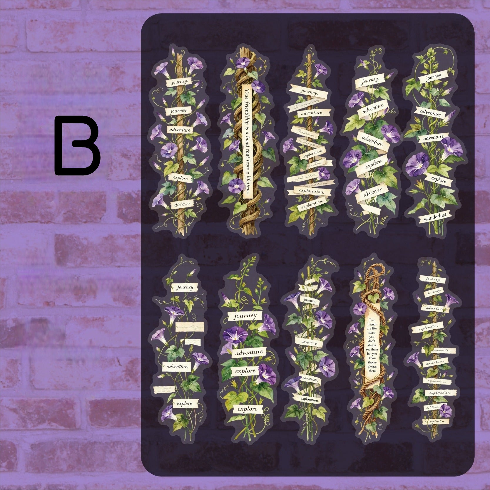 Style B vintage botanical flower sticker sheet with purple flowers and label strips
