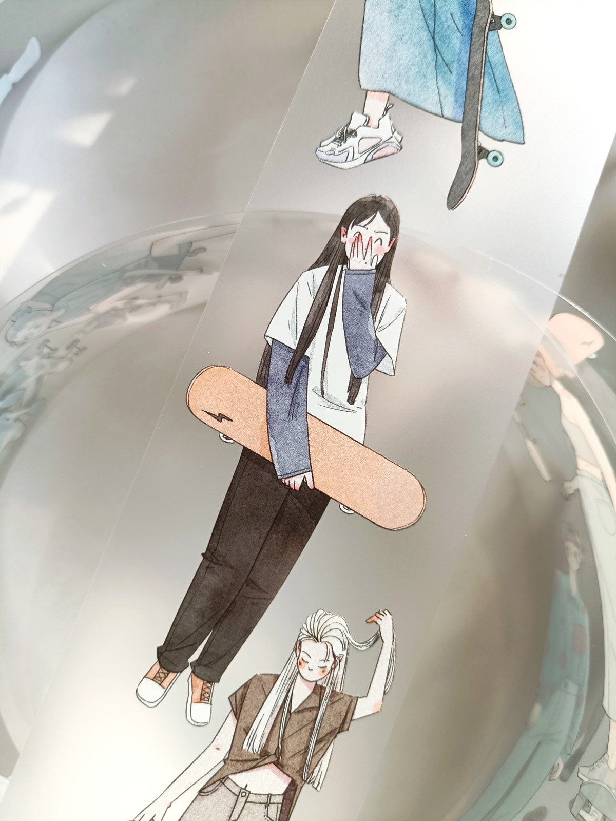 Illustrated girl holding a skateboard in streetwear