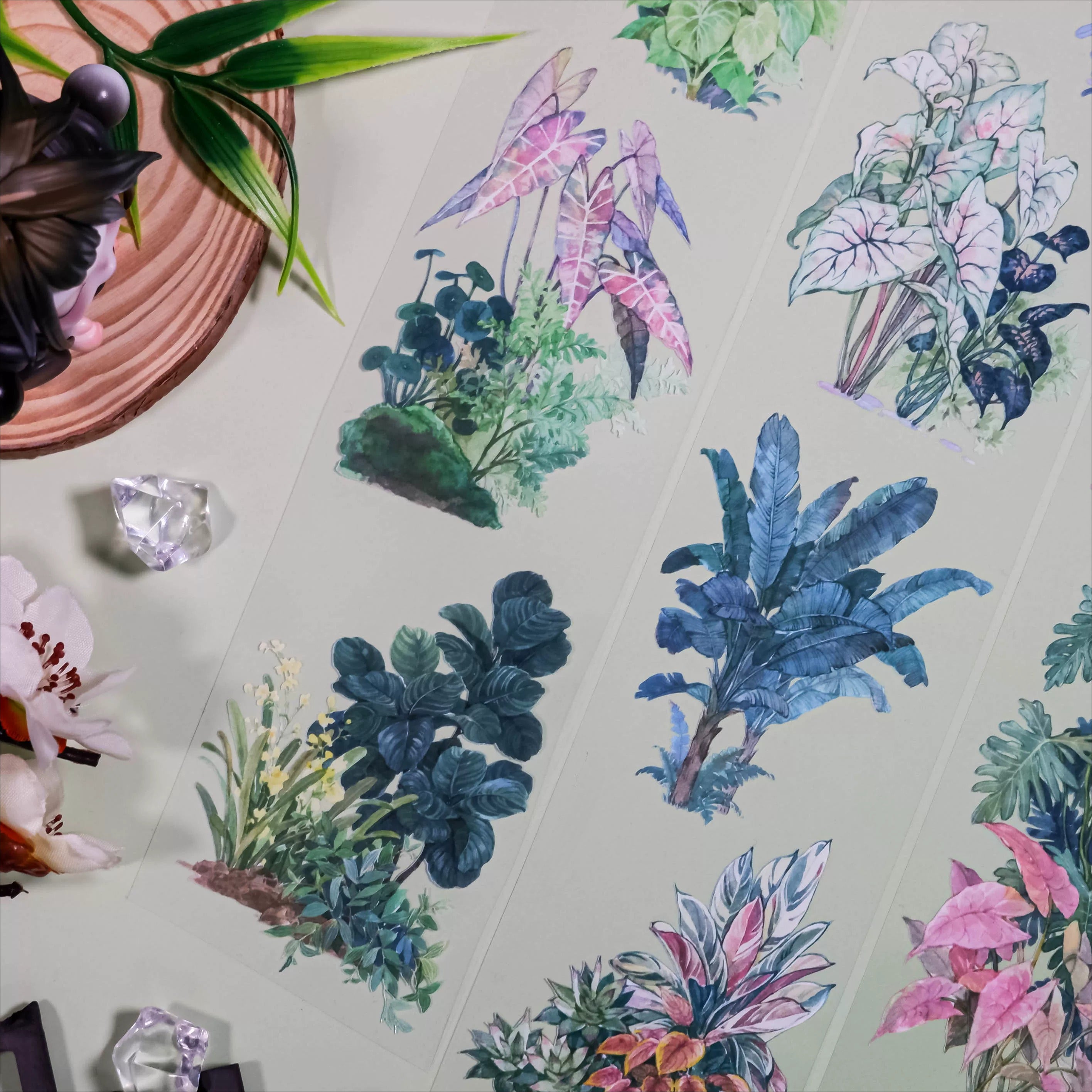 PET tape featuring traditional Chinese ink-style illustrations of potted plants and garden greenery