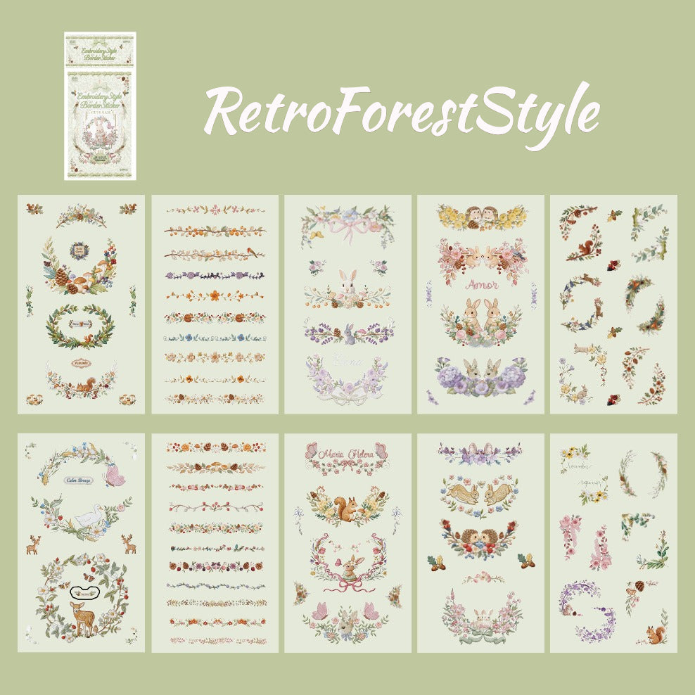 Floral embroidery frame sticker book with botanical borders, wreaths, rabbits, butterflies, ribbons, and photo frame designs