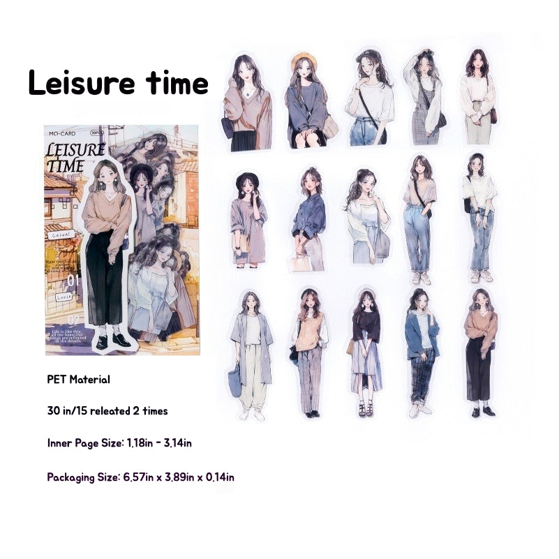 A collection of aesthetic journaling stickers featuring fashionable girls in leisure time outfits, by Shroomi.