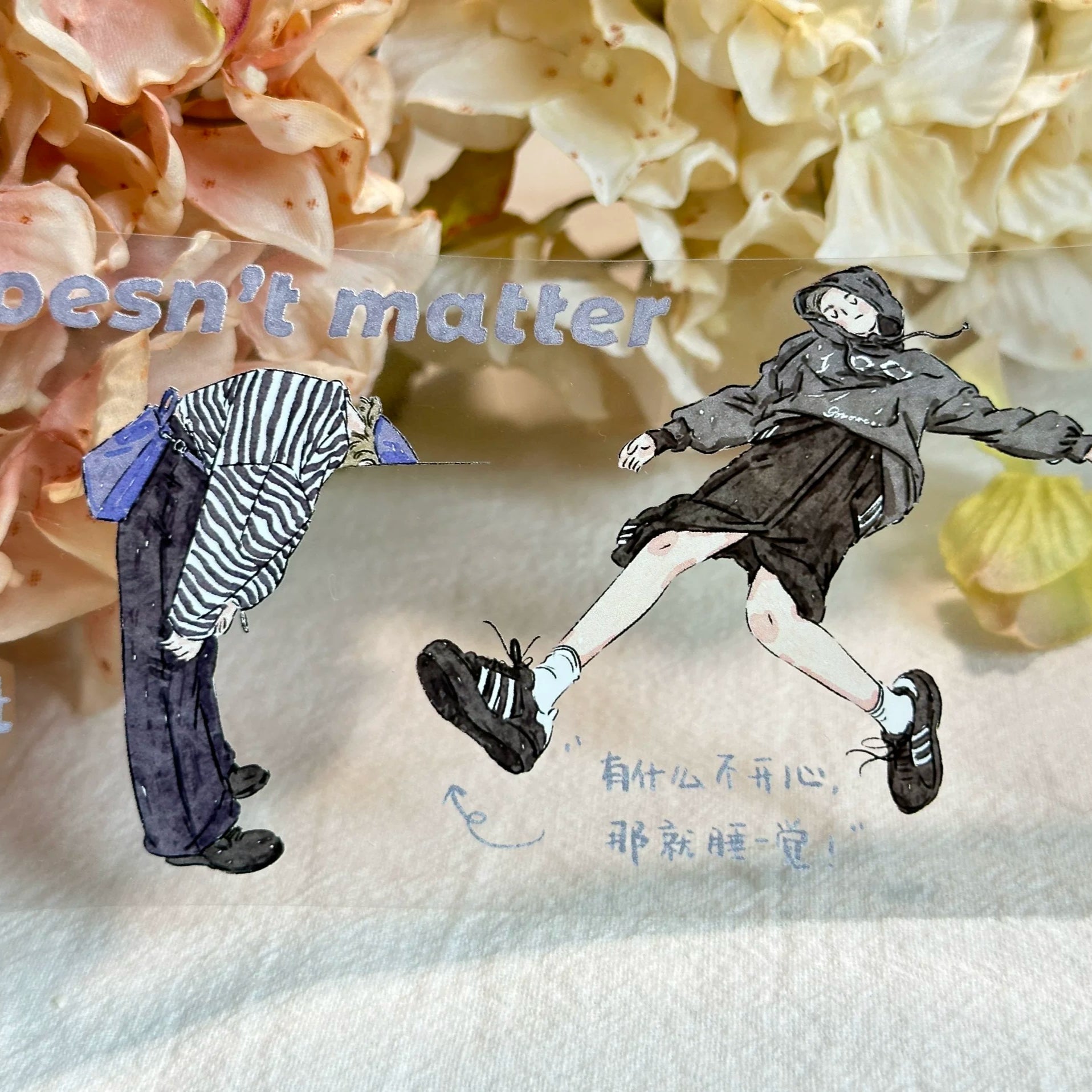 I Am Not Listening PET tape close-up with black outfit character on floral backdrop