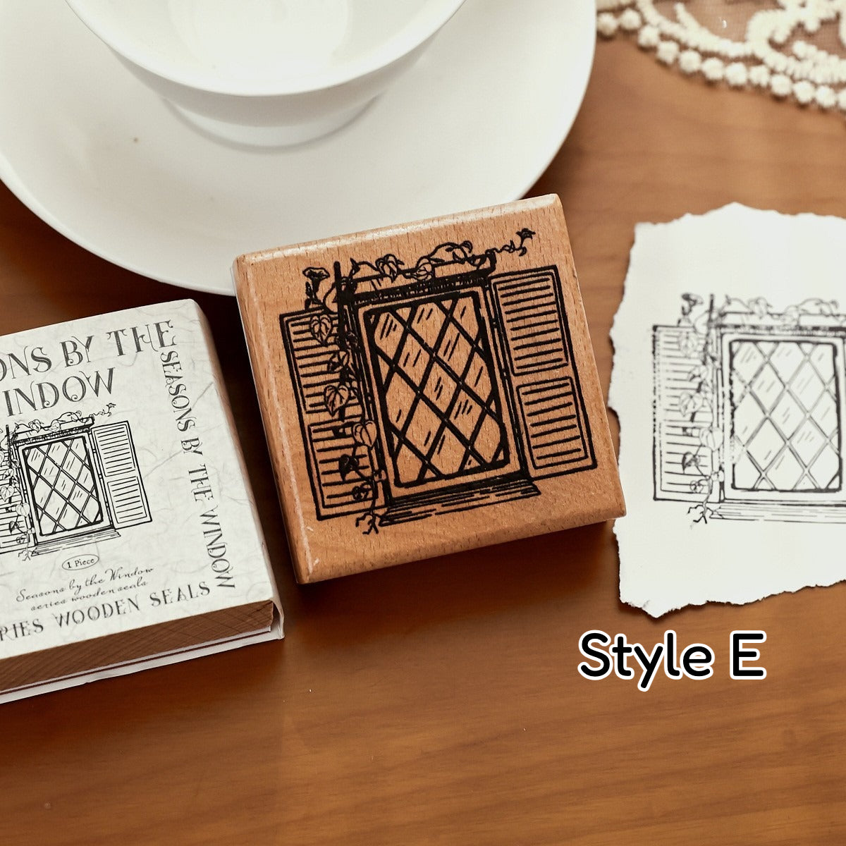 Wooden stamp set with seasonal window frame designs