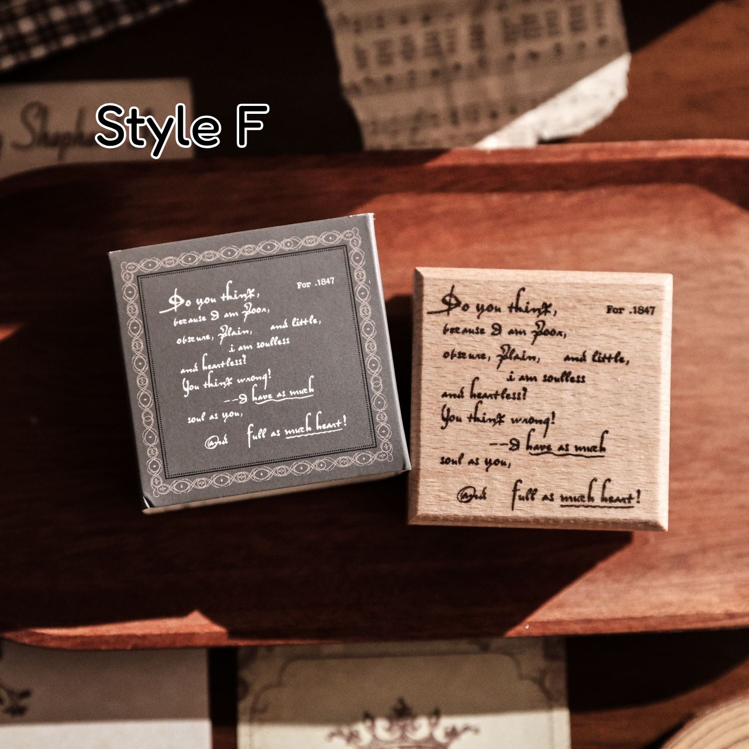 Vintage wooden stamp set with literary text designs