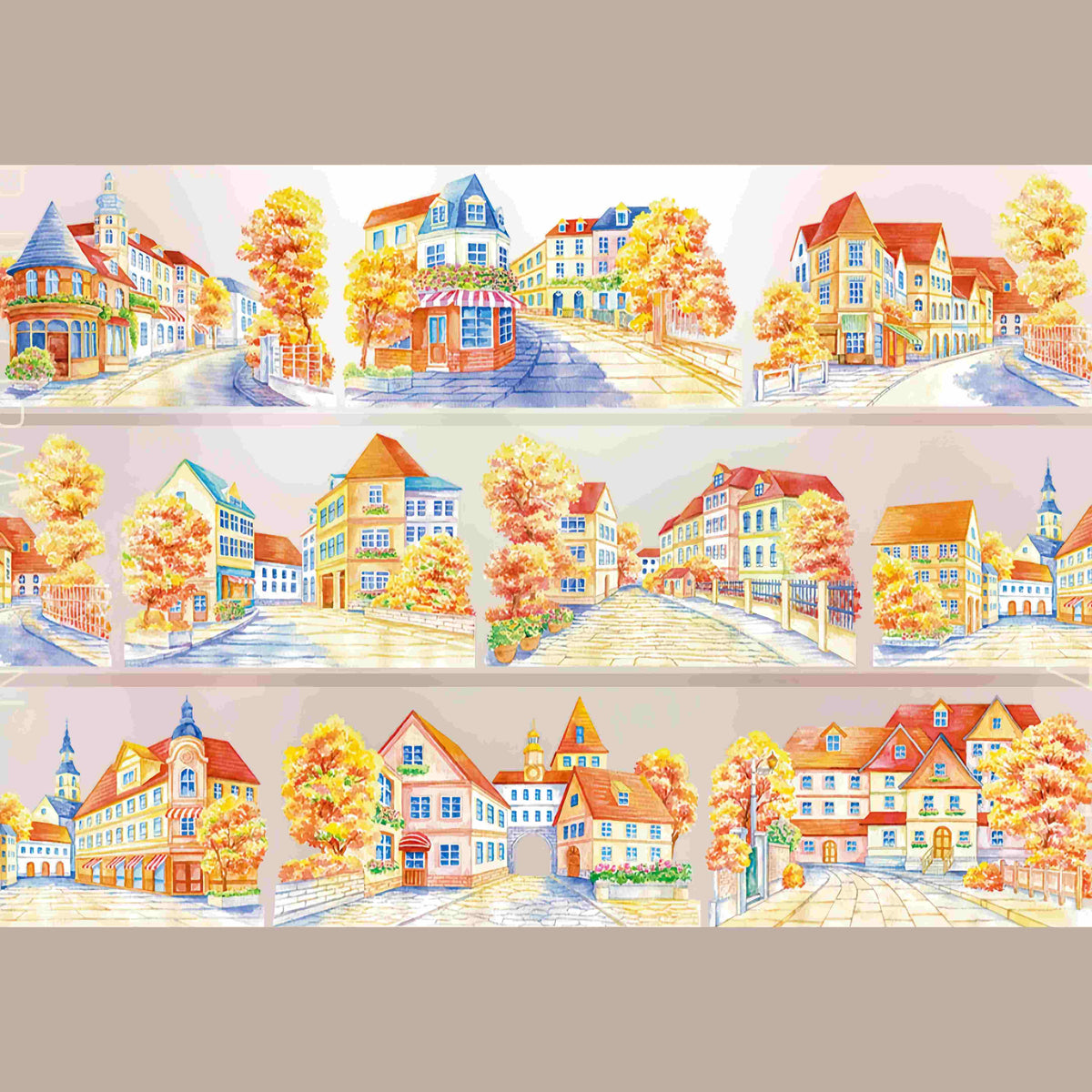 Design from the 10-piece Autumn Town & Garden Collection decorative tape, featuring an autumn townscape motif
