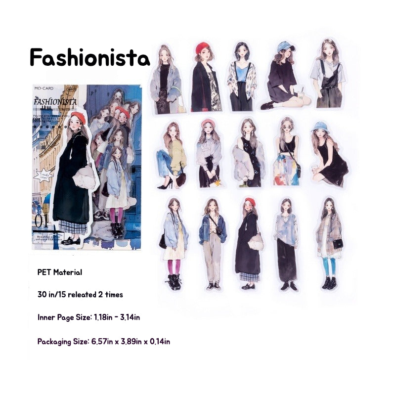 Stylish fashion girl illustration stickers featuring various outfits for journaling, Shroomi.