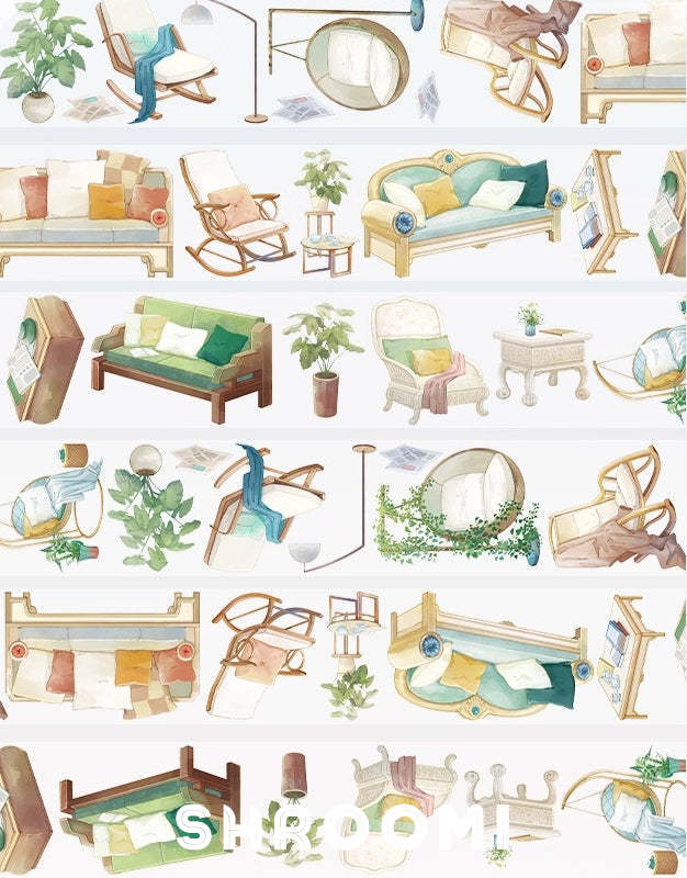 Detailed pattern sheet for Modern Furniture 2 PET tape showing six rows of watercolor furniture including sofas, rocking chairs, daybeds, wicker armchairs, and indoor plants