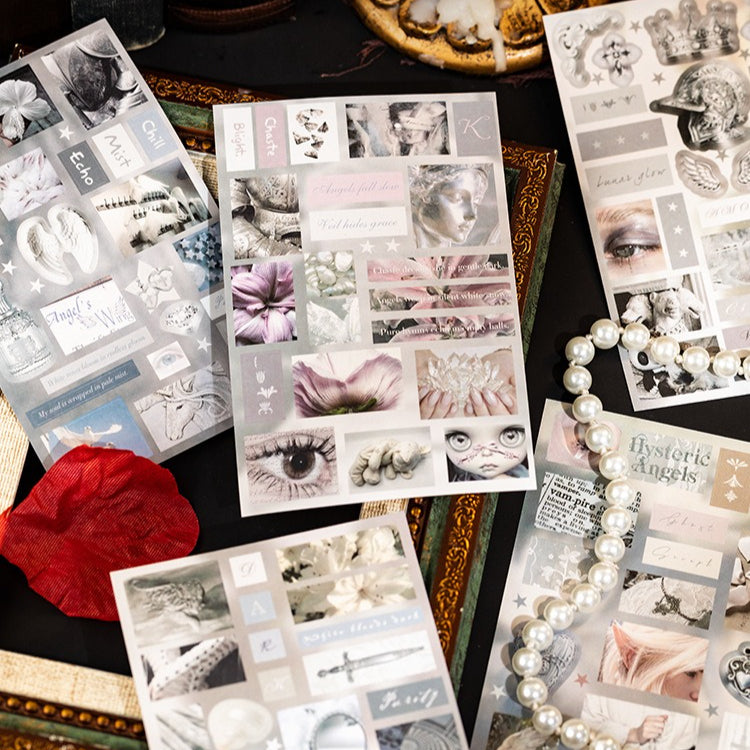 Occult Night gothic PET sticker book with crosses, angels, butterflies, ornate frames, and dark red accents - image 5