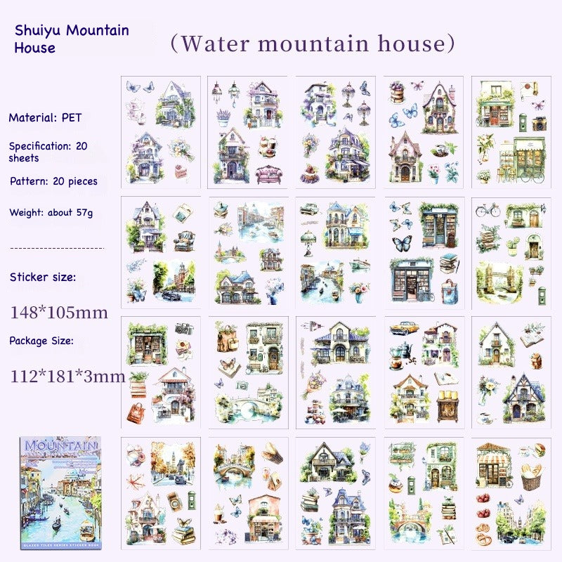 Glazed Tiles Series sticker book – watercolor garden and East Asian architecture scenes