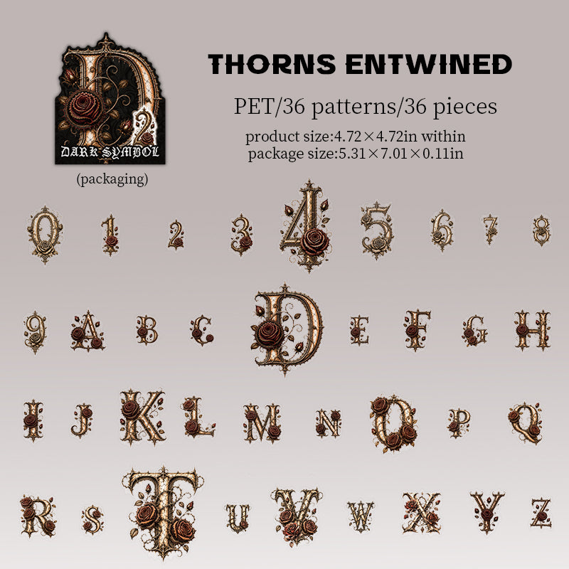 Thorns Entwined style: 36 thorn and rose letters and numbers