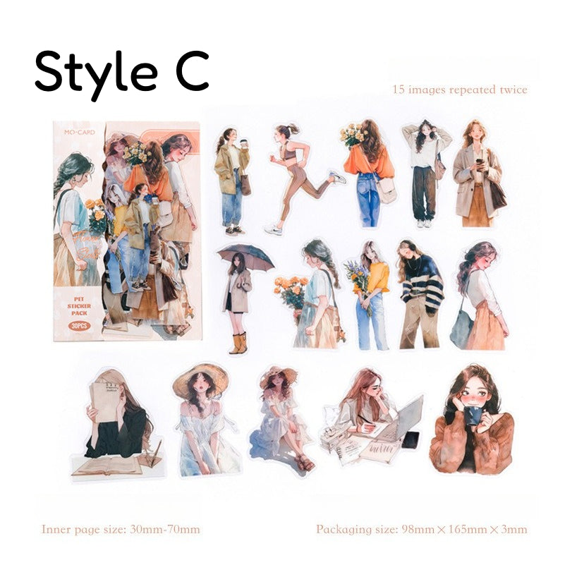 PET sticker pack with Korean fashion character girls, casual outfits, coffee, cakes, flowers, pets, and lifestyle details