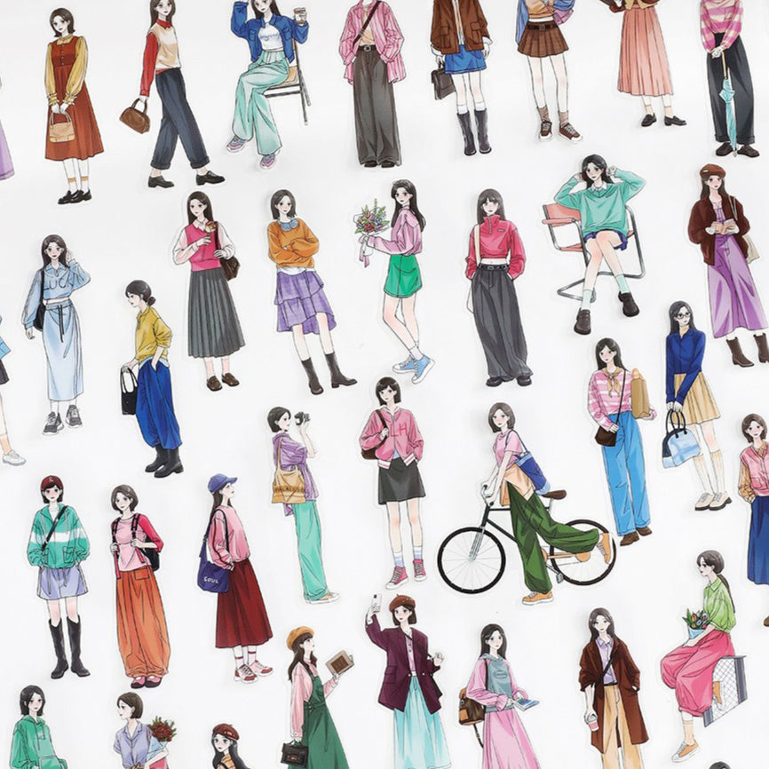 Ideal Life PET sticker close-up with colorful modern character figures and bicycle illustration